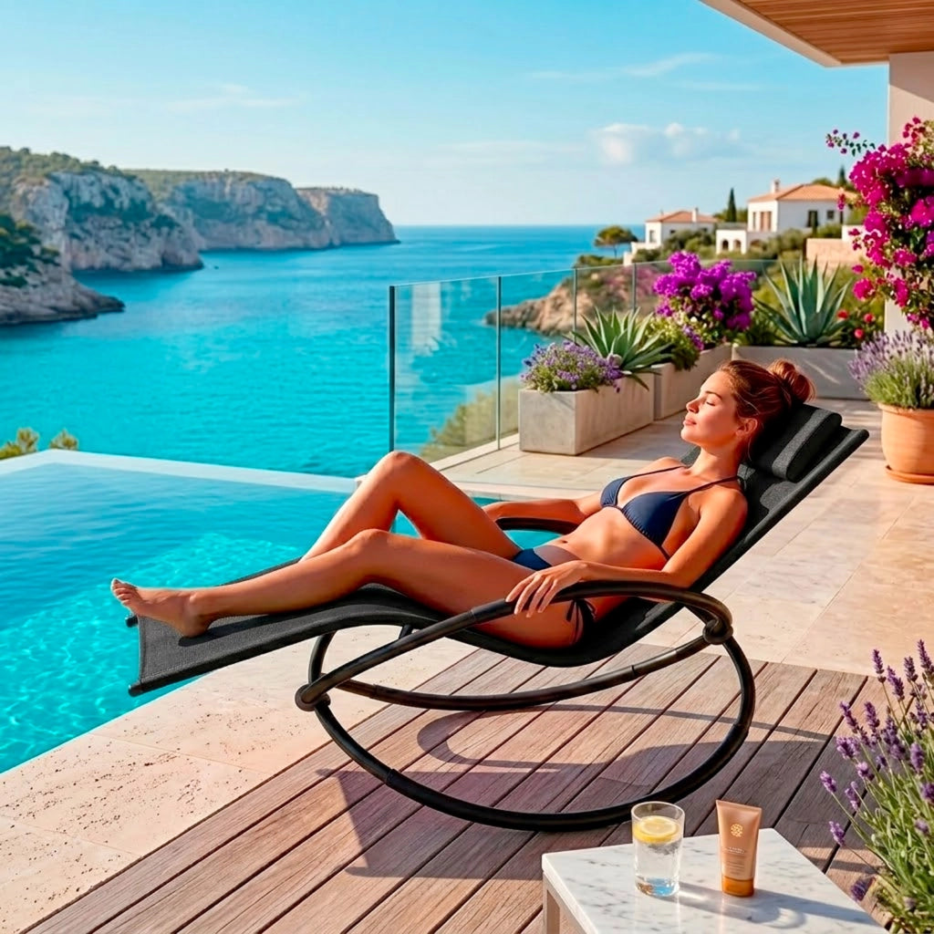 Poltrona Basculante Sdraio A Dondolo Da Giardino Con Poggiatesta Removibile In Textilene Traspirante Telaio In Metallo Ergonomica Relax Piscina Terrazzo Outdoor 73 x 150 x 93 Cm Nero