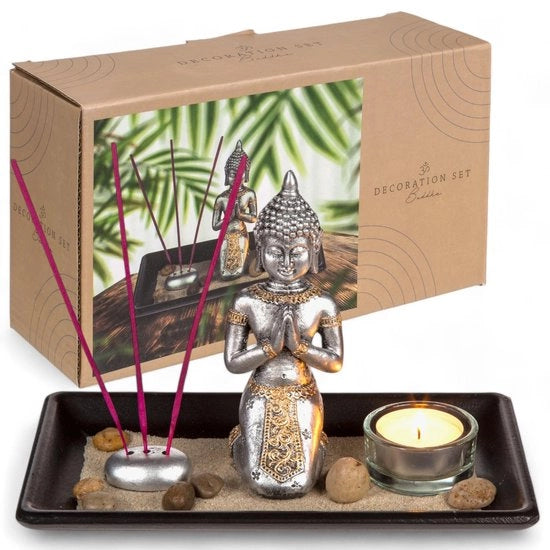 Set di meditazione - Figura di Buddha - Porta sigarette in vetro - Stuzzicadenti per incenso - Pietre decorative - Bordo in legno di noce - Decorazione spirituale