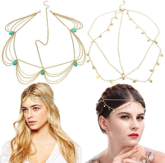Accessori per la testa - Set a catenella 2 pezzi - Stile bohemien - Gioielli da sposa con strass - Aspetto elegante - Manufatto a mano - Adatto per matrimoni/feste - Cintura per la testa