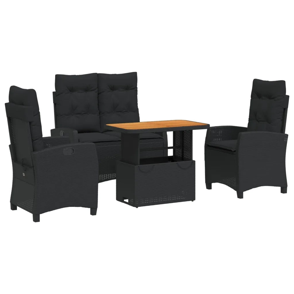 Set da Pranzo da Giardino 4 pz con Cuscini Nero in Polyrattan