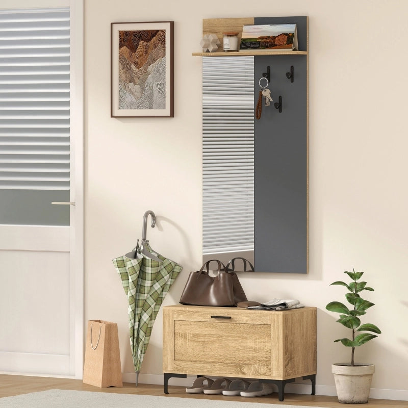 Set guardaroba da ingresso con specchio, panca portascarpe, 3 ganci e ripiano aperto, effetto legno naturale e grigio