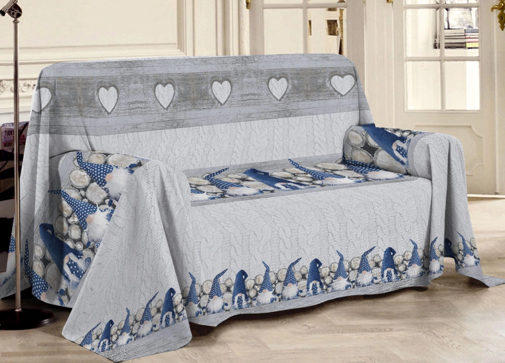 Telo Arredo Multiuso Linea Pensieri Delicati In 100% Cotone Disegno Gnomi - Matrimoniale - Blu