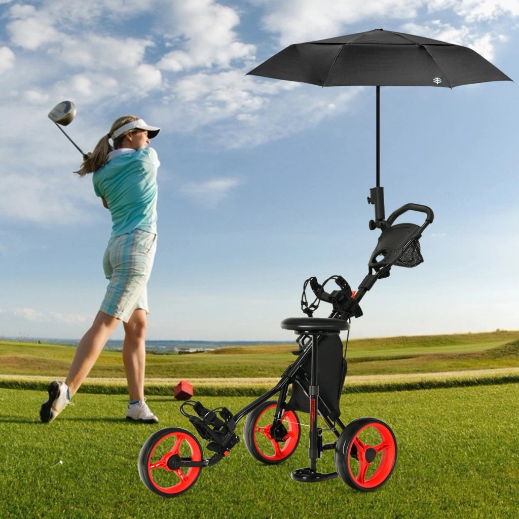 Carrello da golf pieghevole con 3 ruote e altezza regolabile, Carrello da golf con porta ombrello e sedile Rosso-Golf