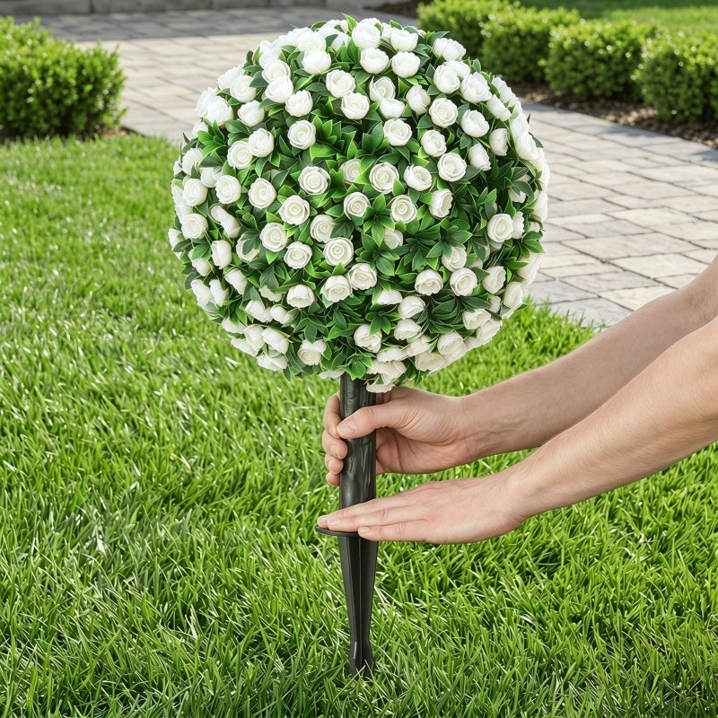 Sfere di rose artificiali, resistenti ai raggi UV per uso esterno, set di 2 roseli, 55 cm, bianche