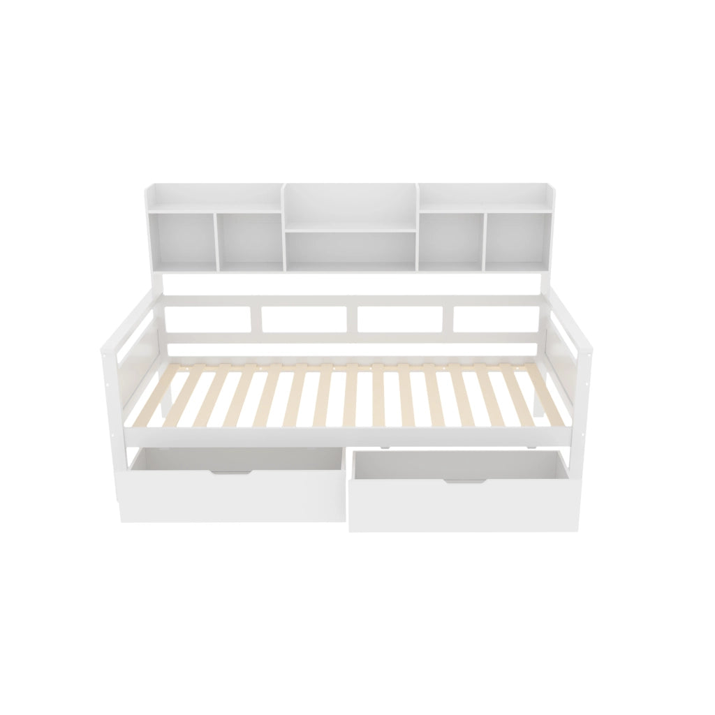 OKWISH Letto a Divano 90×200 cm, Letto Singolo con 2 Cassetti, Mensole e Scomparti, senza Materasso, in Legno, Bianco