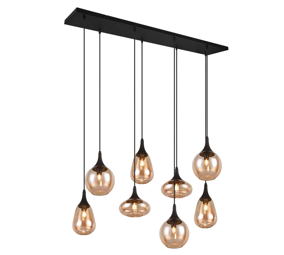Lampada a sospensione 8 diffusori, vetro, nero e ambra, L 121 cm, Lumina