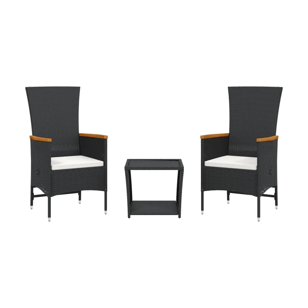 Set da Pranzo da Giardino 3 pz con Cuscini Nero in Polyrattan