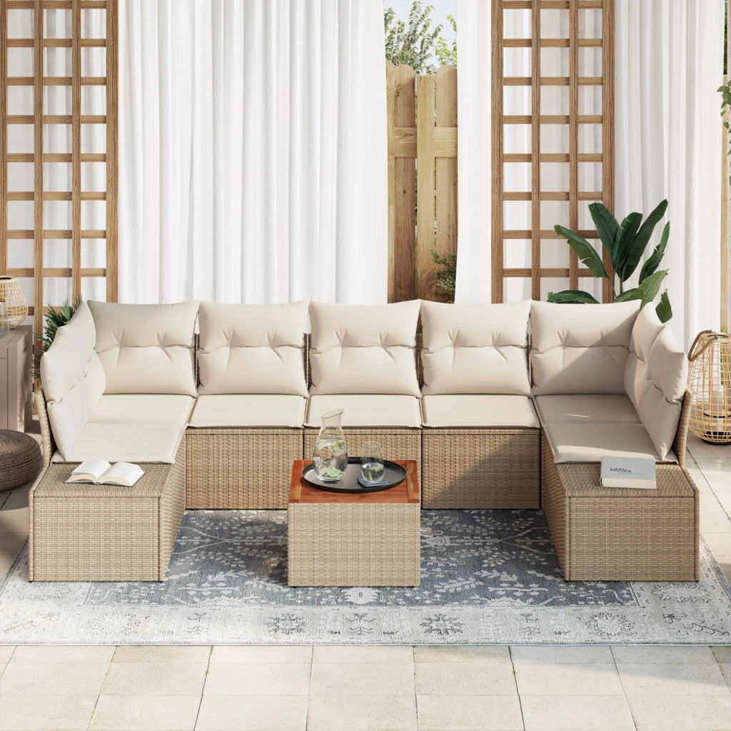 Set di 8 Divani da Giardino con Cuscini Beige in Rattan Polimerico Acacia