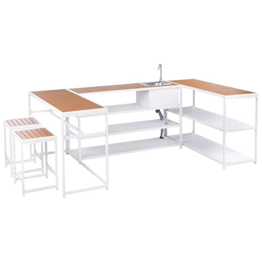 Set cucina da esterno con lavello 6 elementi acciaio bianco con tavolo bar a 2 posti cucina all'aperto stile moderno