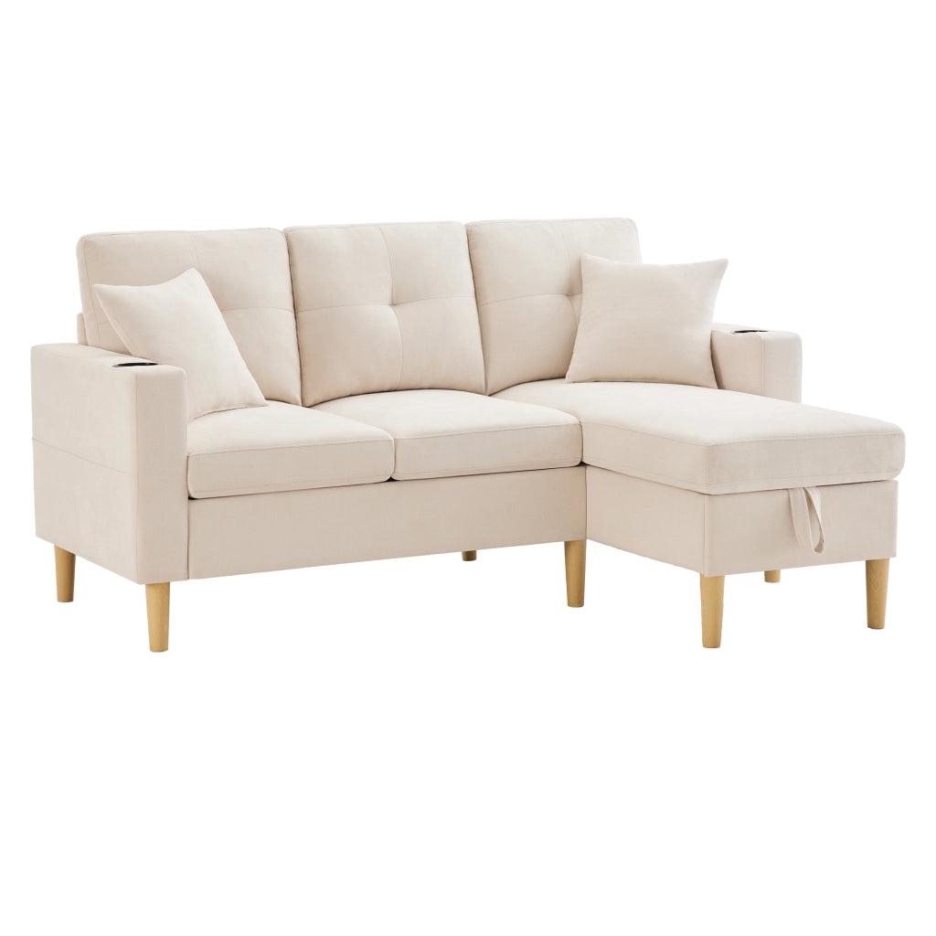 OKWISH Divano ad Angolo Reversibile 3 Posti, con Contenitore, Portabicchieri e 2 Cuscini, Tessuto Cotone Lino, Beige