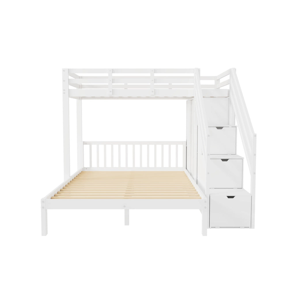 OKWISH Letto a Castello 90×200 cm e 140×200 cm, Letto 3 Posti con Armadio, Scala Contenitore e Mensole, senza Materasso, Bianco
