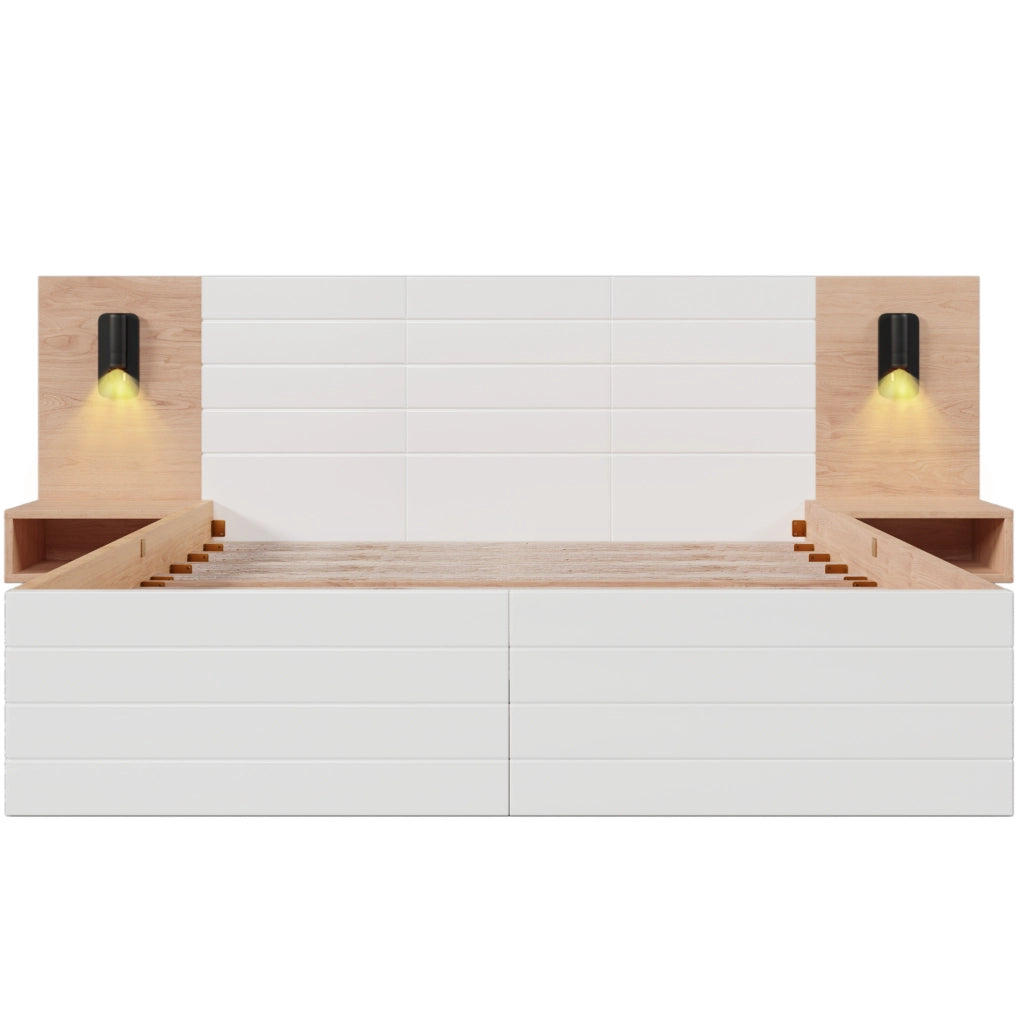 Letto matrimoniale 160x200 cm con 2 cassetti; luce da lettura e ricarica USB; bianco e rovere