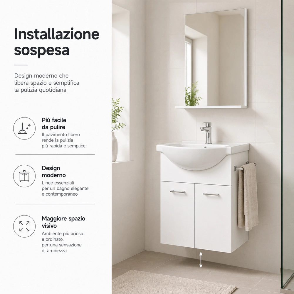 Mobile da Bagno Sospeso Completo Bianco Larghezza 55 cm Specchio e Rubinetteria