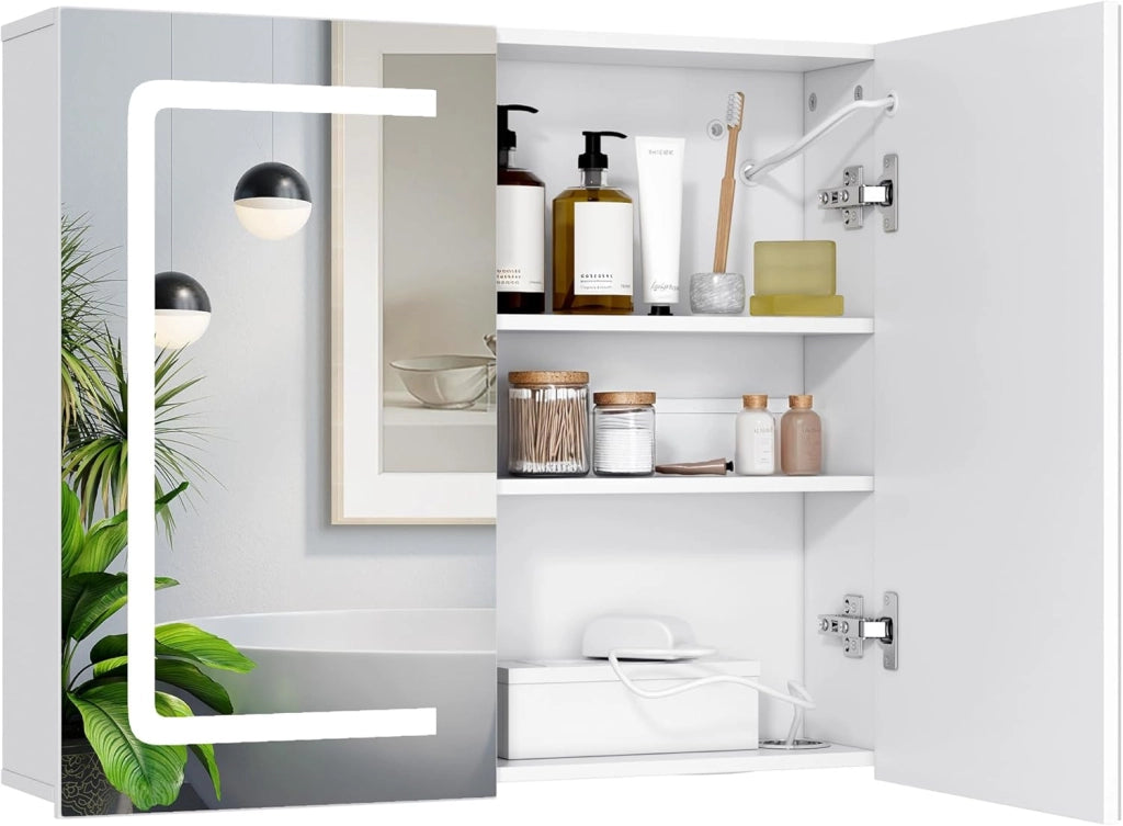 Armadio da bagno con specchio e illuminazione a LED, dimmerabile, con sensore di contatto,presa elettrica, ripiani regolabili,doppia porta in MDF di alta qualità,70X16X60CM,Bianco