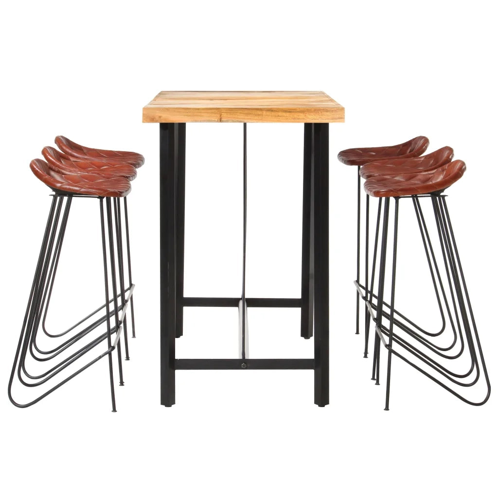 Set da Bar 7 pz in Legno Massello di Acacia e Vera Pelle 278767