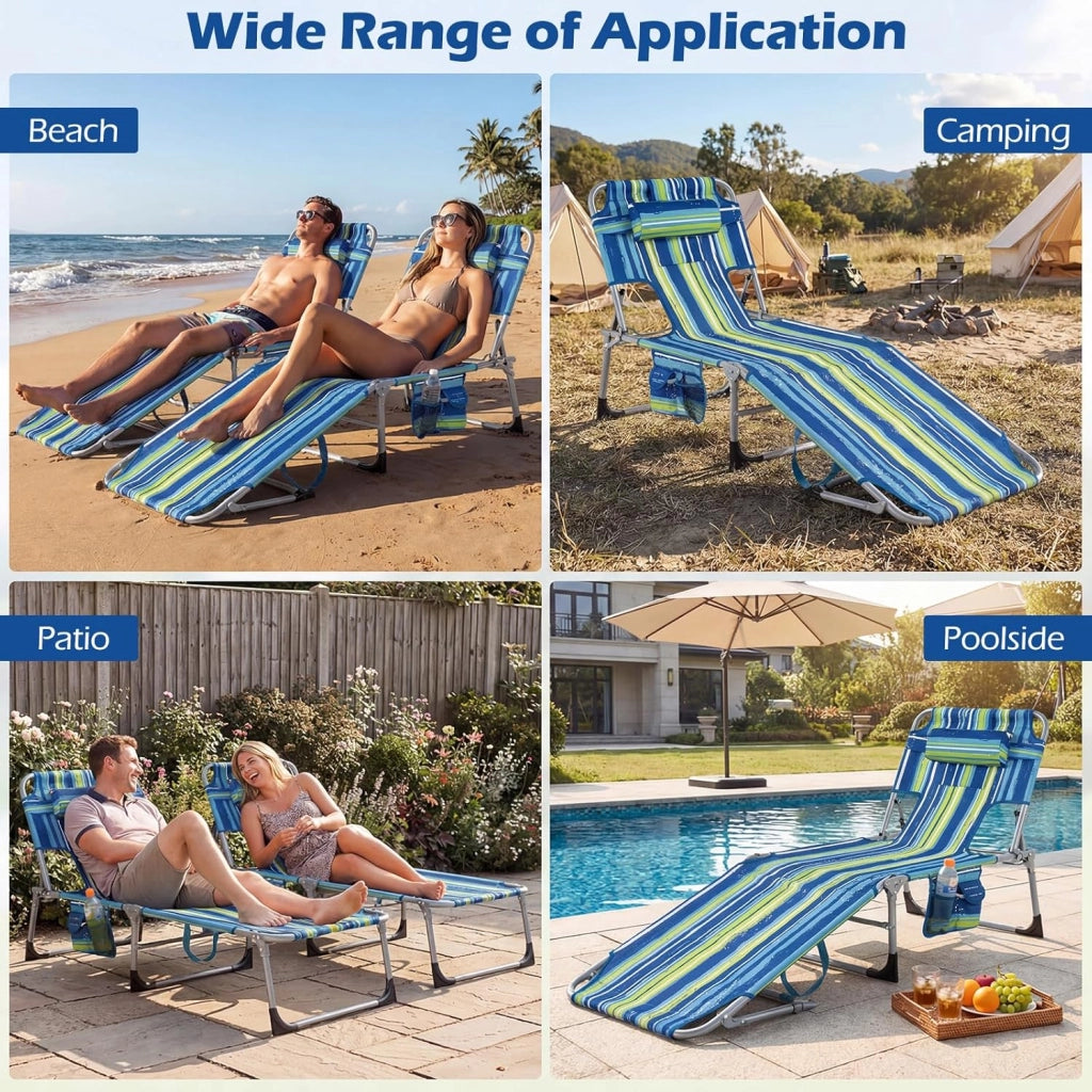 Sole pieghevole, schienale regolabile in 4 posizioni, sedia reclinabile da spiaggia, poggiatesta rimovibile e fori per il viso e il braccio, lettino per piscina, 169-193 x 60 x 35-80 cm
