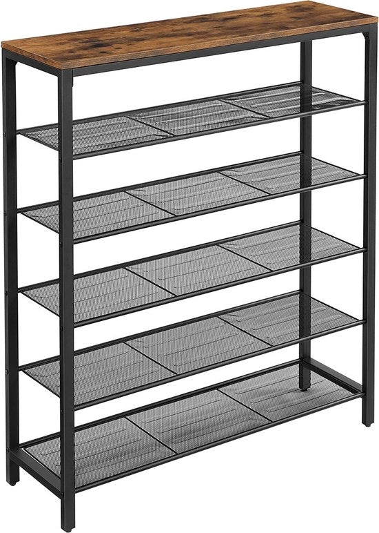 Rack per scarpe - Organizzatore per scarpe vintage - Piastra in legno per scarpe - 100 x 30 x 110 cm - Struttura in acciaio - 11,2 kg - Antiscivolo - Montaggio semplice