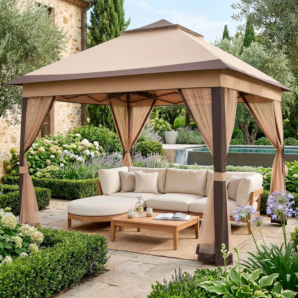 Gazebo Da Giardino Pop Up 3.33 X 3.33 Metri Altezza Regolabile Da 2.7 A 2.9 M Con Zanzariere Removibili Apertura Rapida E Borsa Trasporto Per Eventi Patio Piscina Campeggio Feste Kaki