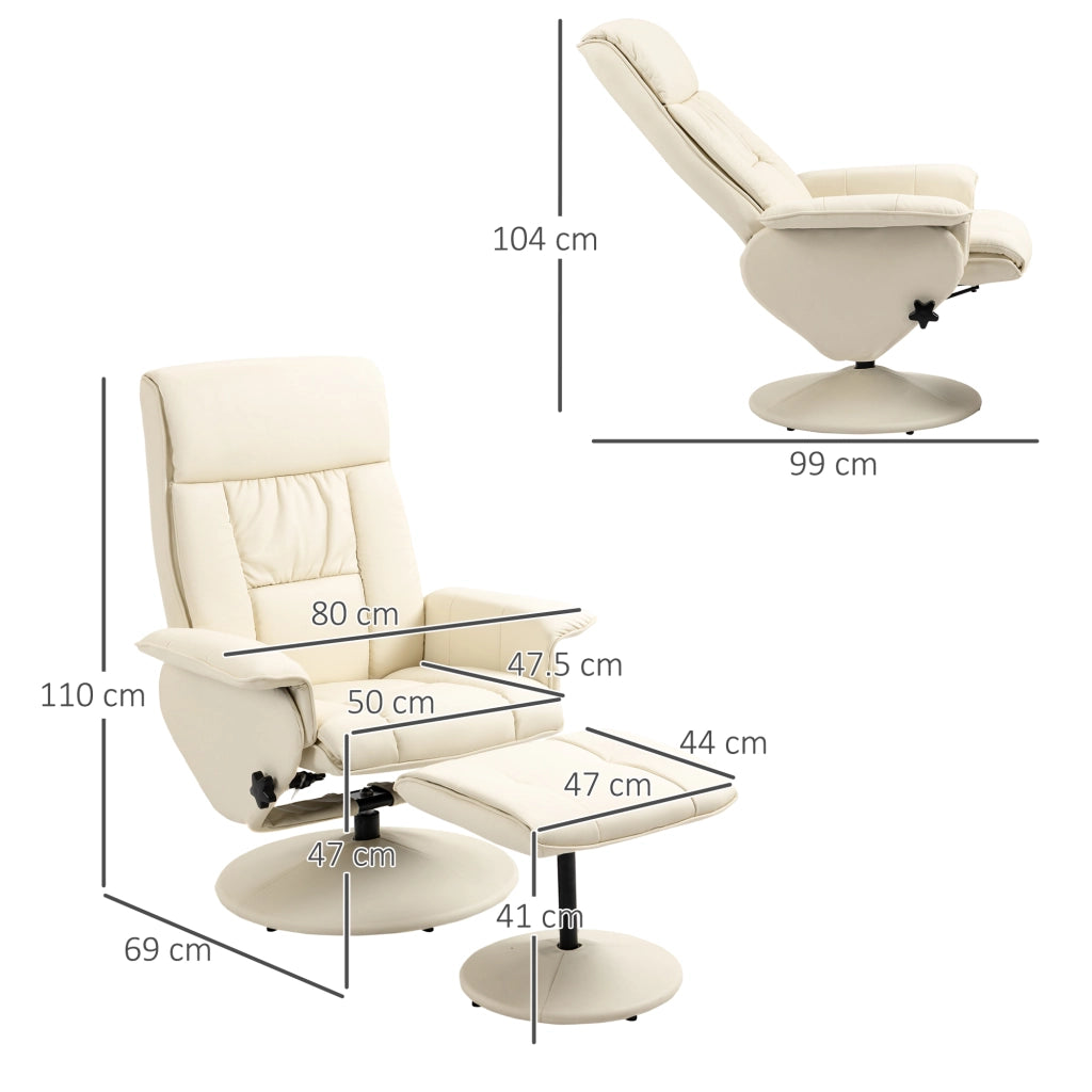 EasyComfort Poltrona Relax Reclinabile fino 135° con Seduta Girevole e Pouf Poggiapiedi, 78x84x110cm, Crema
