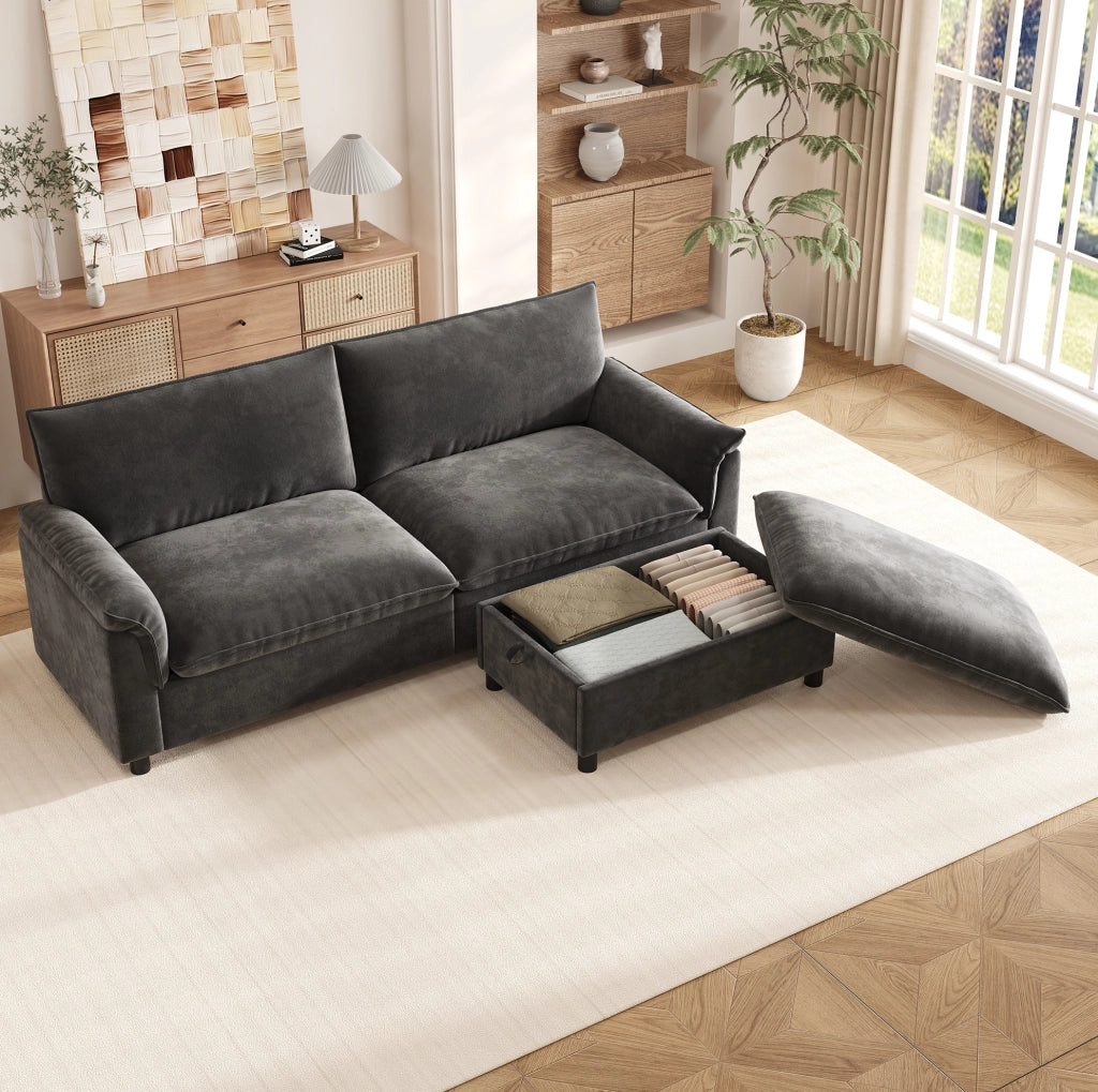 Divano cloud modulare con pouf contenitore; 216 cm; in chenille grigio