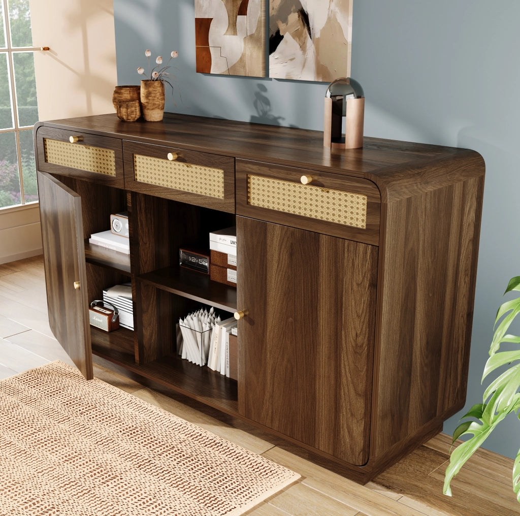 Credenza 120x40x85 cm in MDF e truciolare; 3 cassetti; ante e ripiani; effetto noce
