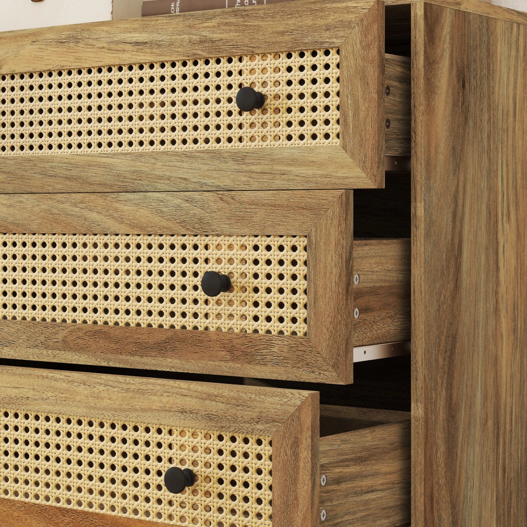 Cassettiera 3 cassetti in legno chiaro con inserto in rotin naturale ¨C Xylo ¨C 80x35x76 cm