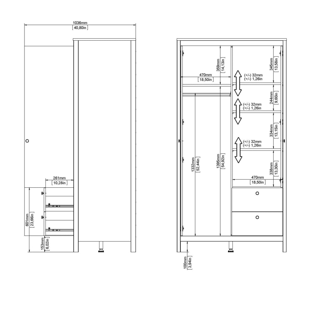 Guardaroba 2 ante Lagertha, Mobile camera da letto, Cabina armadio portabiti, Armadio appendiabiti, 102x58 h199 cm, Bianco
