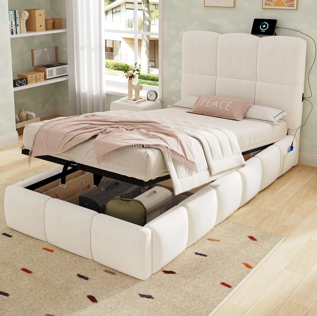 Letto singolo per bambini 90x200 cm con contenitore idraulico; USB C; velluto beige