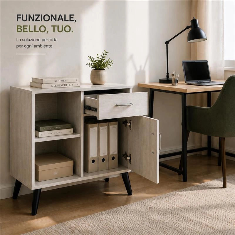 MOBILE MODERNO IN LEGNO CON 2 RIPIANI, 1 ANTA E CASSETTO COLORE BIANCO DIMENSIONI 94X38X74 CM