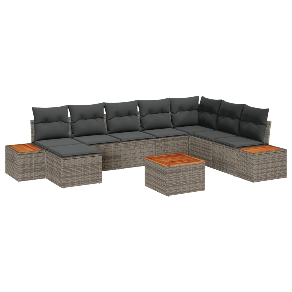 Set di divani da giardino con cuscini  9 pezzi Grigio Polyrattan Acacia