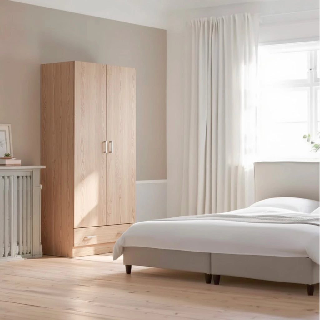 Armadio Design Moderno Con 2 Ante E 1 Cassetto Multiuso Salvaspazio Con Ripiani Interni E Vano Contenitore Per Camera Da Letto O Ingresso Rovere