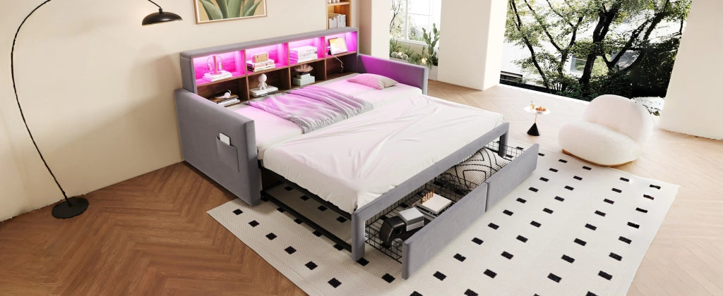 Letto imbottito in velluto grigio chiaro con illuminazione a LED e porta USB 90x190 cm