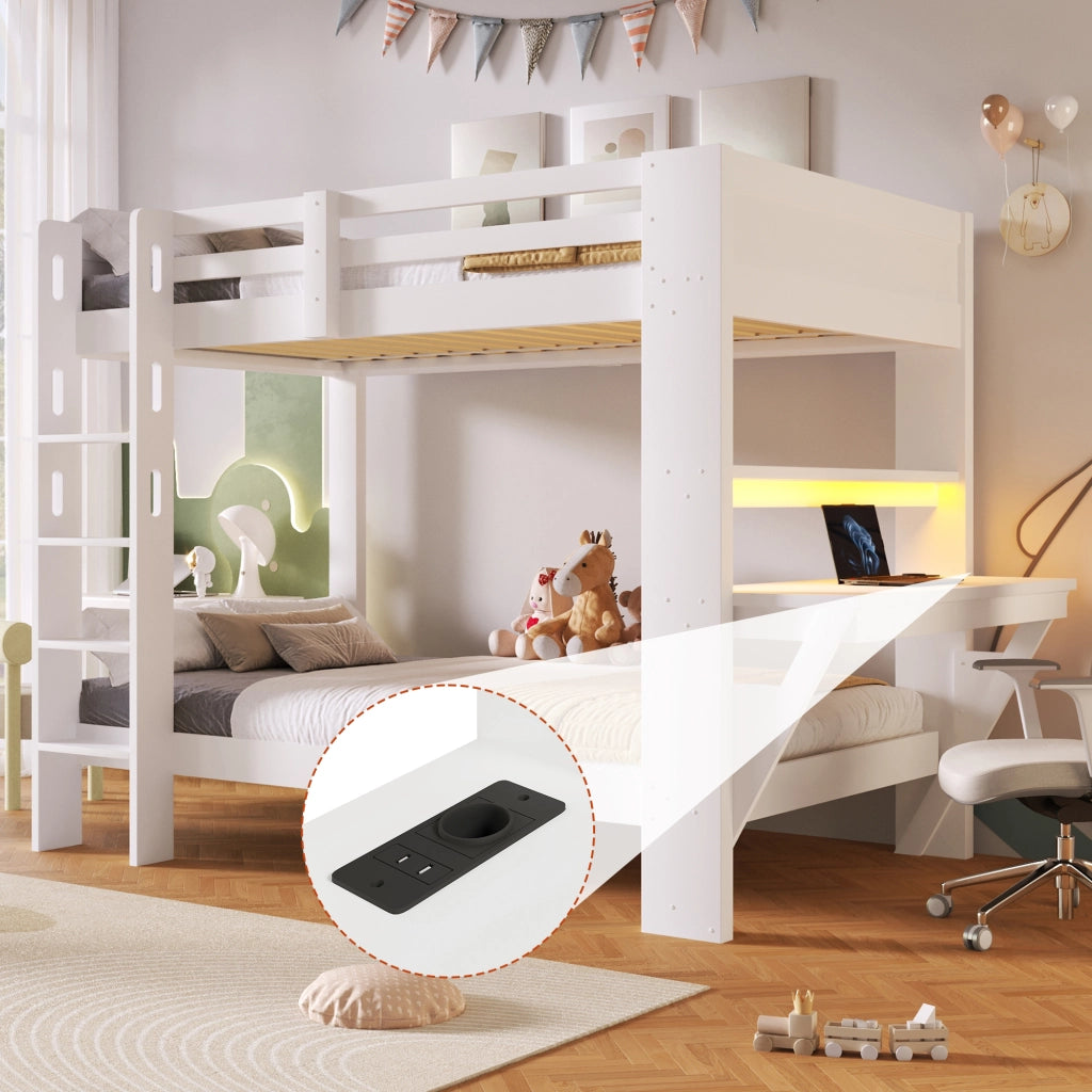 Letto a Castello 90x200 cm con Vani Contenitore; LED; Tavolo; Scala e Sponde; Bianco