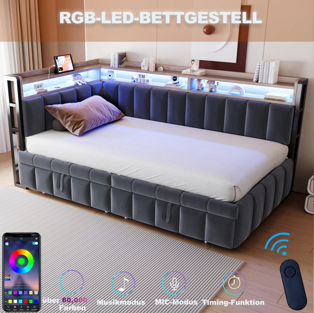 Divano letto estraibile 90x200 cm con LED; USB e USB-C in velluto grigio