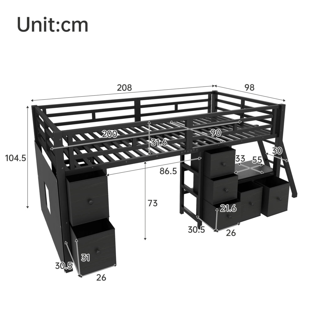 Letto a soppalco basso 90x200 cm con LED e 7 cassetti