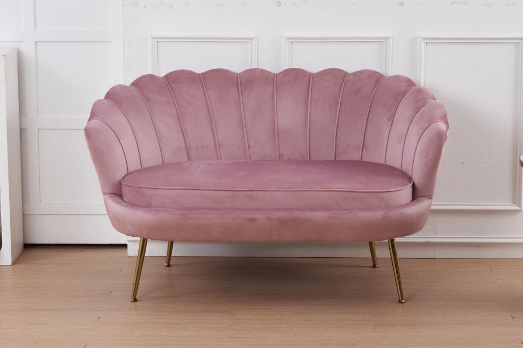Divano Due 2 Posti In Velluto Forma Conchiglia Gambe In Metallo 133x63x75 Cm Camera Soggiorno Ufficio  Rosa Antico