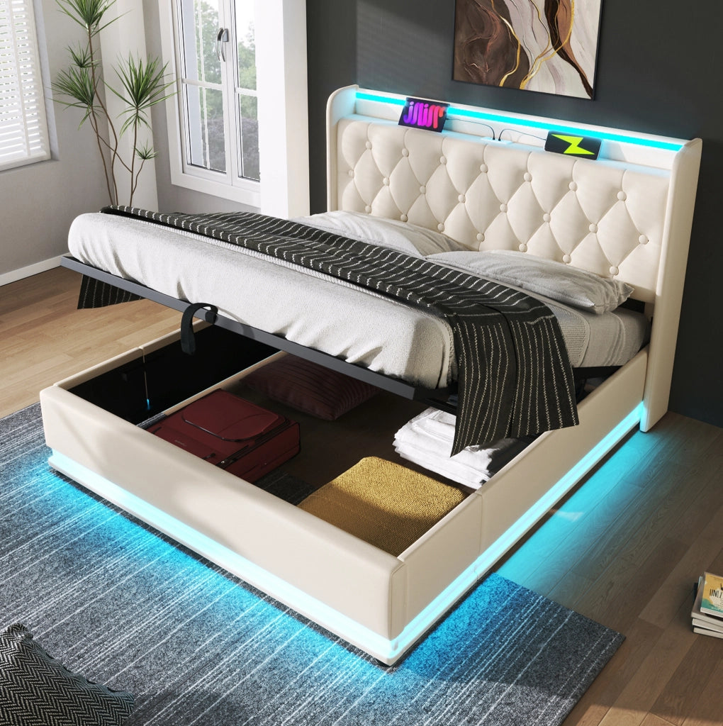 Letto matrimoniale 140x200 cm in PU bianco con LED; contenitore idraulico e porte USB/Type-C