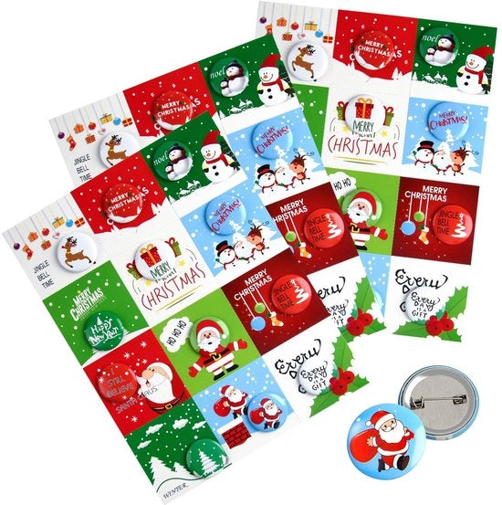 Mini Pinback per Carta di Natale - 36 Stuks - Disegni Natalizi - Diametro 2,5 cm - Materiale in Acciaio Inox - Spine per Carta