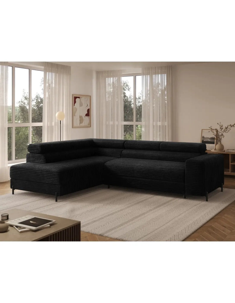 Divano ad angolo COLESIA convertibile 5 posti nero velluto a coste – sinistra – 274x200cm