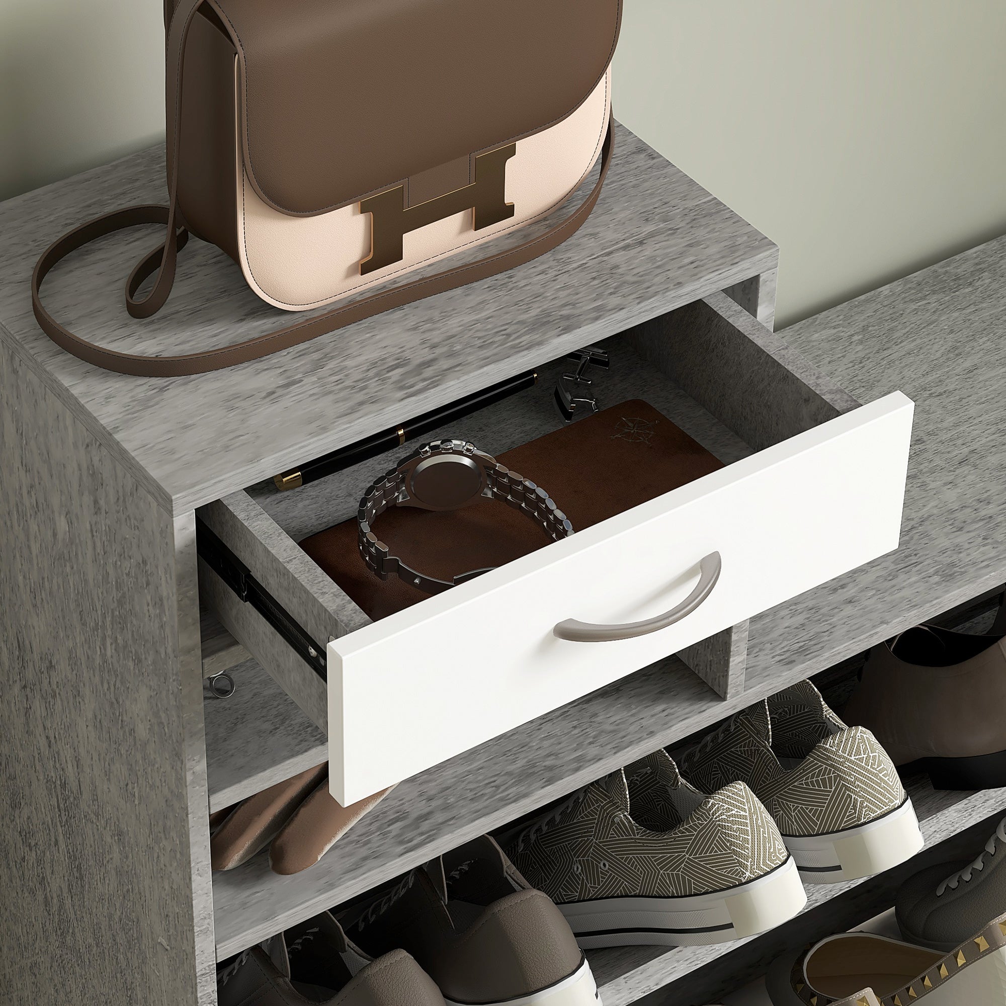 Mobile Guardaroba per Ingresso con Specchio Appendiabiti e Scarpiera Regolabile Grigio