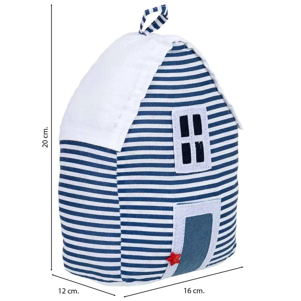 Fermaporta in cotone con casa blu, 16x12x20h cm