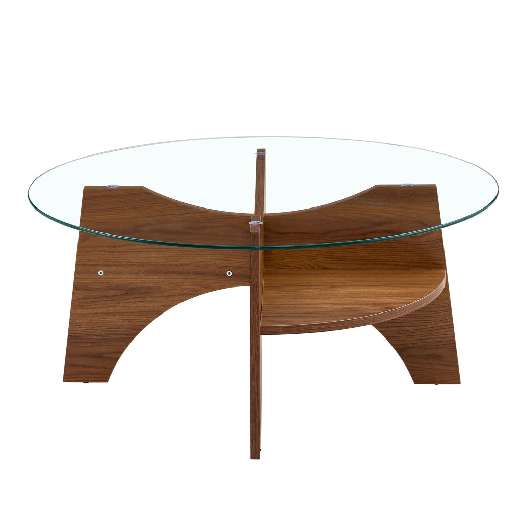 Tavolino rotondo ? 80 x 36 cm in vetro temperato con struttura a ventaglio in MDF; naturale