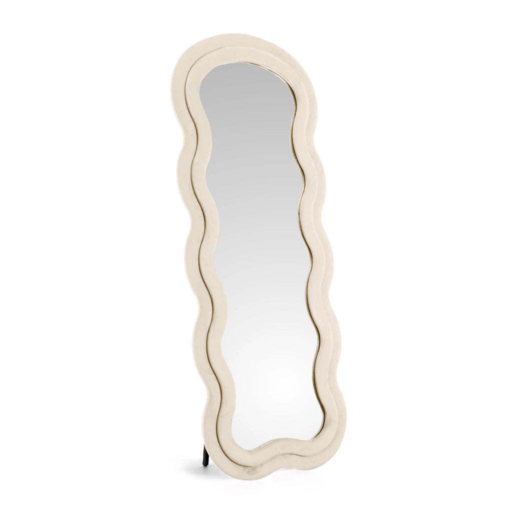 Specchiera da Terra 170x70 cm Design Ondulato Rivestita in Velluto con Supporto in Metallo Specchio Figura Intera Moderno per Camera da Letto Soggiorno Cabina Armadio Beige