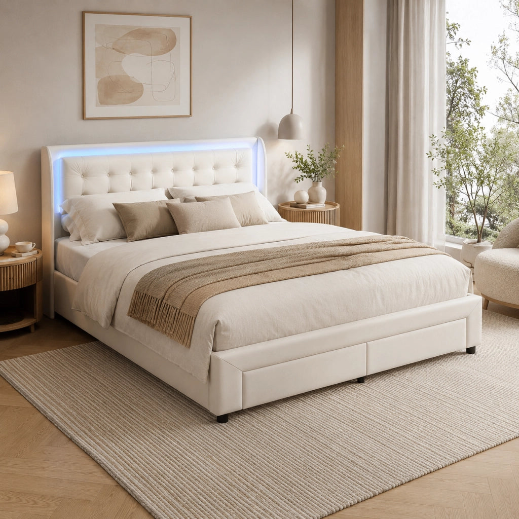 Letto matrimoniale contenitore idraulico 160x200 cm, imbottito velluto beige, testiera LED RGB telecomandata, 2 cassetti, 350kg