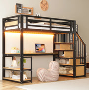 Letto a soppalco 90x200 cm in metallo nero con scala contenitore; scrivania e scaffali