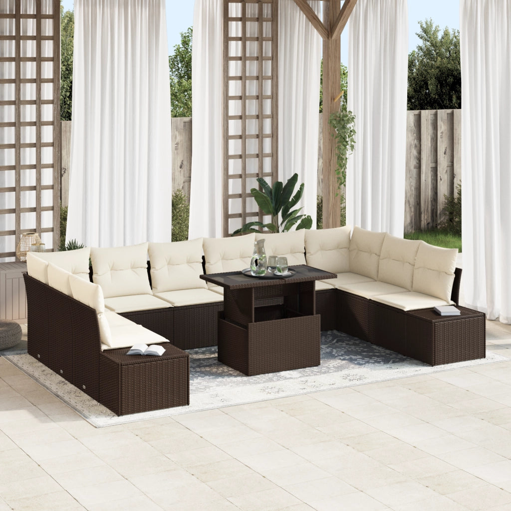Set da giardino 11 pezzi con cuscini marroni in polyrattan