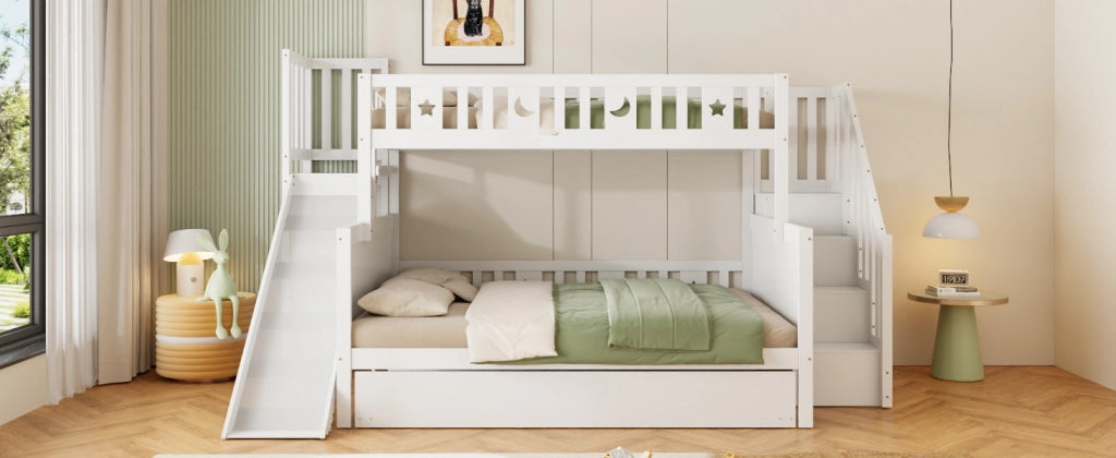 DESMIU Lit a castello per bambini 90 × 200 cm e 140 × 200 cm con scivolo, scala, vano contenitore e letto estraibile, senza materasso, bianco