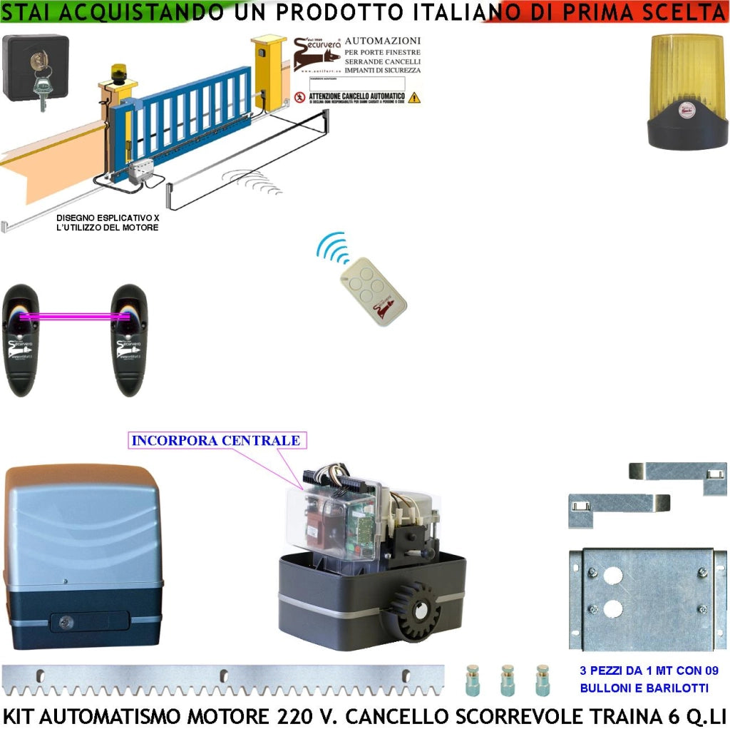 Kit Automatismo 230 V Per Cancello Scorrevole Traina 6 Q.li Centrale Radiocomando Faro Selettore Coppia Fotocellule Pignone Acciaio M4 Z12 Fine Corsa Elettromeccanico 3 Metri Cremagliera In Acciaio