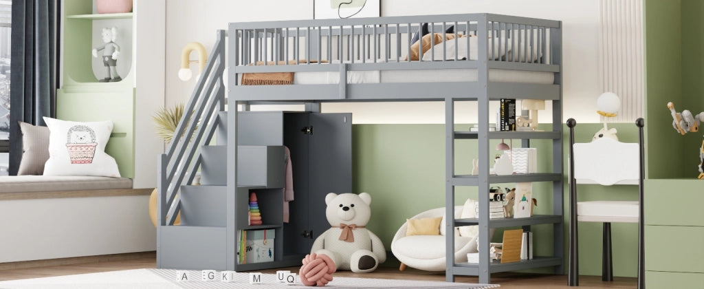 DESMIU Letto a soppalco Letto singolo 1 posto con armadio, vani e scala di sicurezza 90 × 200 cm senza materasso