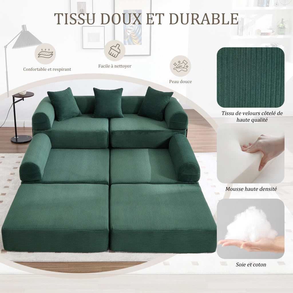 Canapé modulare con tasca laterale e funzione letto in velluto a coste verde smeraldo 270 × 180 × 64 cm